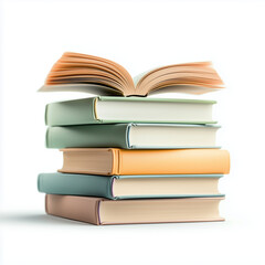 Naklejka premium Stacked books with an open book on top against a white background 