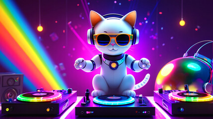 Cool robotic cat DJ spinning tunes under vibrant rainbow lights.  A fun, colorful, and energetic scene.