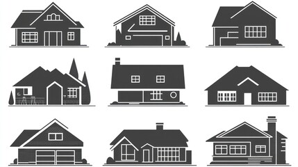 Fototapeta premium Nine Silhouetted Illustrations Depicting Different House Architectural Designs