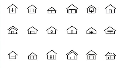 Simple Black Line Drawings Depicting Various House Icon Designs