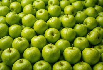  Fresh Green Apple Abundance: Close-up of a Large Pile of Crisp, Wet Granny Smiths
