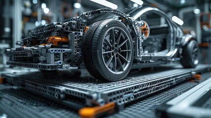 Fototapeta premium Modern car chassis under construction. Detailed view of interlocking parts and components