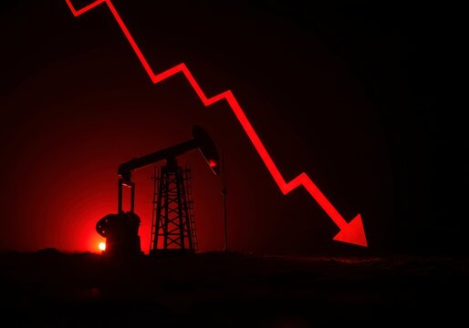 Oil pumpjack with a falling red arrow symbolizing the drop in oil prices indicating economic crisis and energy market recession for financial visualization.