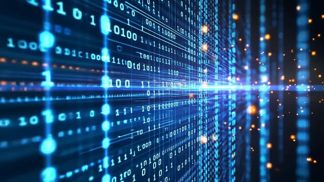 Abstract binary code streams with glowing orbs and streaks of light, digital backdrop
