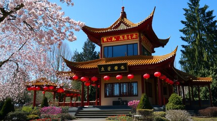 Obraz premium Tranquil chinese temple amidst blooming cherry blossoms on a sunny day