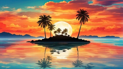 A serene tropical landscape featuring silhouetted palm trees on a small island