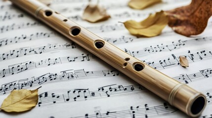 Wooden flute resting on sheet music decorated with dry autumn leaves, creating a serene and evocative scene of musical inspiration and tranquility