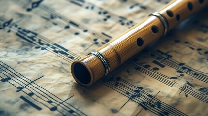 Obraz premium Wooden flute resting gracefully on aged sheet music, creating a nostalgic atmosphere filled with echoes of classical melodies and celebrating rich musical traditions