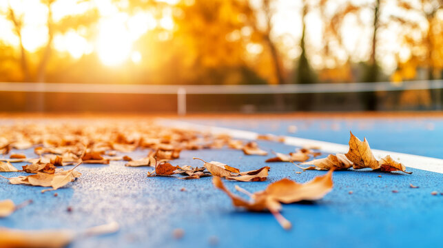 Fallen autumn leaves scattered across blue tennis court surface, bathed in golden late day sunlight with serene minimalist composition