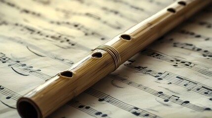 Bamboo flute resting on a sheet of music, evoking a sense of musicality and creativity, perfect for projects related to music, composition, or artistic expression