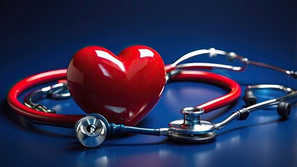 A red felt heart sits prominently on a light blue background, next to a black stethoscope