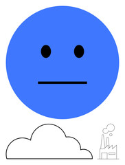 Large blue neutral face above black outlined cloud and factory with smoke. Ideal for ecology, emotion, expression, climate change, industry, minimalism, conflict. Flat simple metaphor
