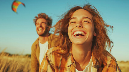 Couple laughing, flying vibrant kite across golden field during warm sunset, sharing carefree summer moment