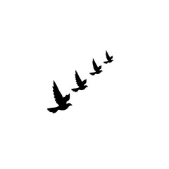 Silhouetted swallows in scattered flight on a white background, reflecting minimalist beauty and a sense of peaceful freedom.”