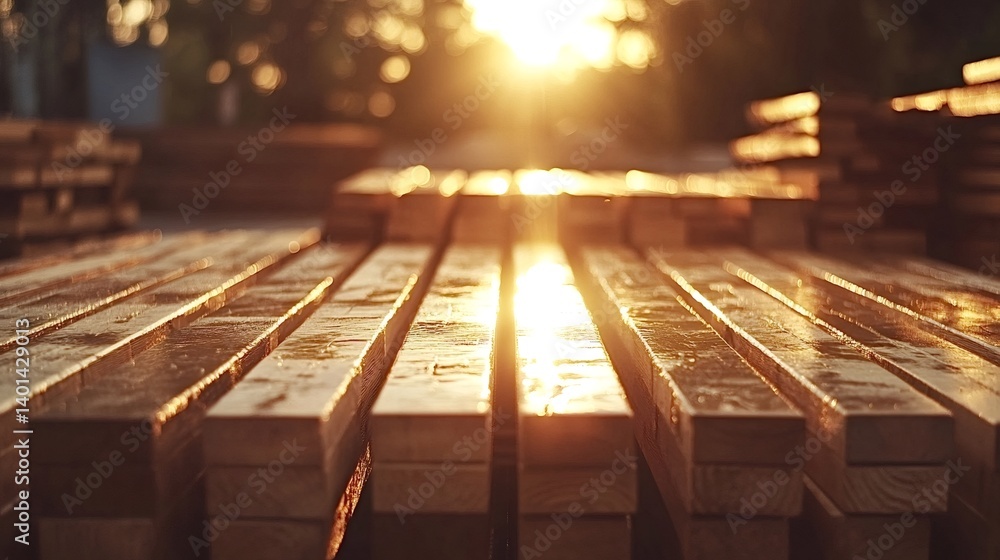 Poster warm light from the setting sun illuminates a stack of lumber at a construction site, creating a gol