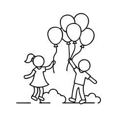children playing with balloons icon, children playing with balloons line art - simple line art of children playing with balloons, perfect for children playing with balloons logos and icons