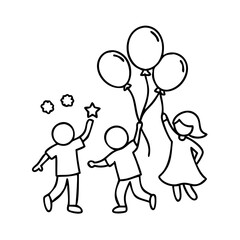 children playing with balloons icon, children playing with balloons line art - simple line art of children playing with balloons, perfect for children playing with balloons logos and icons