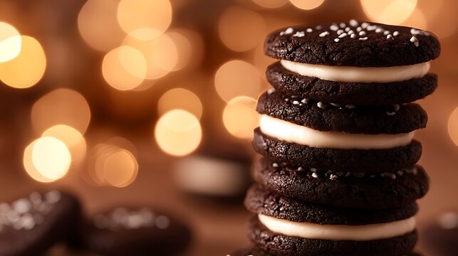 Stack of chocolate cream sandwich cookies with festive sprinkles and warm bokeh lights perfect for dessert, holiday and sweet food concept

