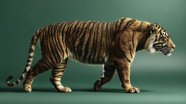 Realistic side view of a tiger walking gracefully against a dark green backdrop
