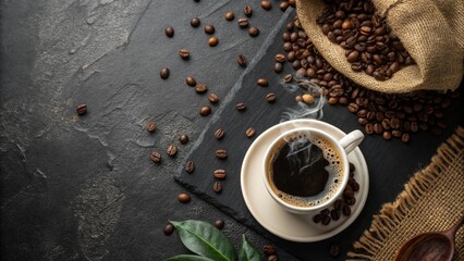 Flat Lay of Hot Coffee with Beans on Black Textured Surface, Horizontal Frame, coffee cup, coffee beans, dark background, top view, coffee banner, coffee flat lay, stone surface, cafe, header image