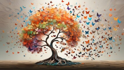 A vibrant, surreal tree with multicolored foliage transitions from orange to green, surrounded by swirling butterflies of various colors