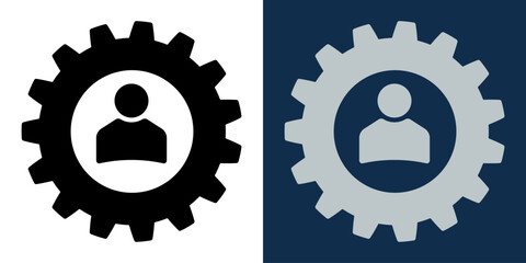 Gear with User Icon. Symbol of Person Inside Cogwheel. Admin Settings, Configuration, System Preferences, User Control Panel for Web, App, or Software UI Design.
