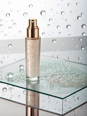 Champagne-Toned Hydration Serum with Dew-Like Water Beads and Sleek Cylindrical Design on Transparent Platform – cosmetics products mockups
