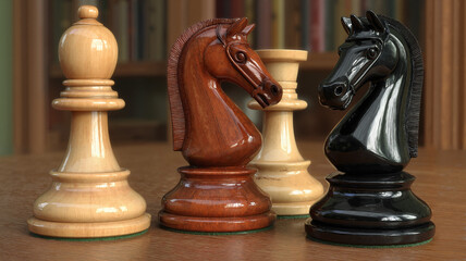 Chess pieces in various colors on a wooden table  