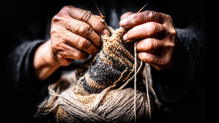 Skilled hands knitting a warm woolen sock in soft lighting  
