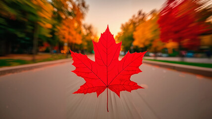 Vibrant red maple leaf in motion against a colorful autumn backdrop  