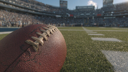 Football on Field During a Game Against Stadium Background   