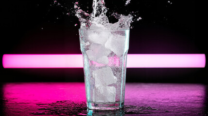 Ice Water Splashing in a Glass with Neon Background  