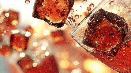 Refreshing beverage splash with ice cubes against a bright background  