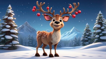 A cheerful cartoon reindeer with large, playful antlers and a bright red nose