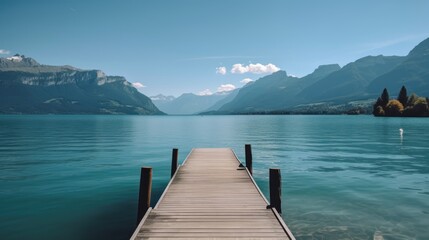 Peaceful mountain lake dock view serenity