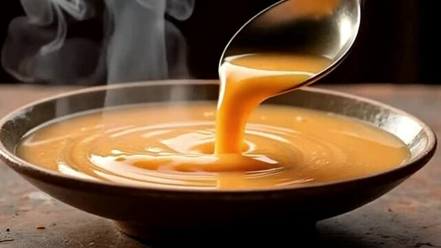 Warm Culinary Delight: Steaming, a golden elixir is expertly ladled into a rustic bowl, evoking warmth and satisfaction in a mouthwatering, appetizing moment.