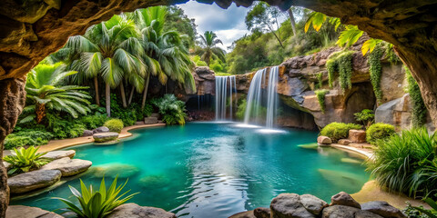 Secret lagoon pool with a waterfall entrance