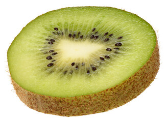 Slice kiwi fruit, isolated background. The vibrant green flesh with black seeds and fuzzy brown skin