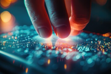 A finger scans a futuristic touchscreen, creating a glowing fingerprint authentication effect.