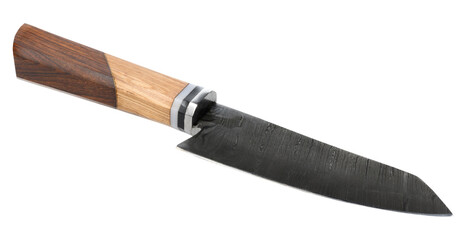 Knife with a dark, textured blade and a wooden handle featuring light and dark wood sections, separated by a silver bolster, isolated background