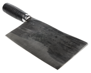 Large, heavy meat cleaver with a dark, textured blade and a black, ridged handle, isolated background. Cleaver has a sturdy and robust appearance