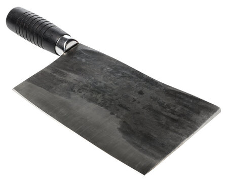 Large, heavy meat cleaver with a dark, textured blade and a black, ridged handle, isolated background. Cleaver has a sturdy and robust appearance
