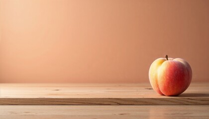 Single peach on wood surface, warm aesthetic, representing freshness and simplicity, against a blurred orange background