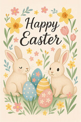 Adorable Happy Easter Card with Cute Bunnies, Colorful Eggs, and Spring Flowers Illustration
