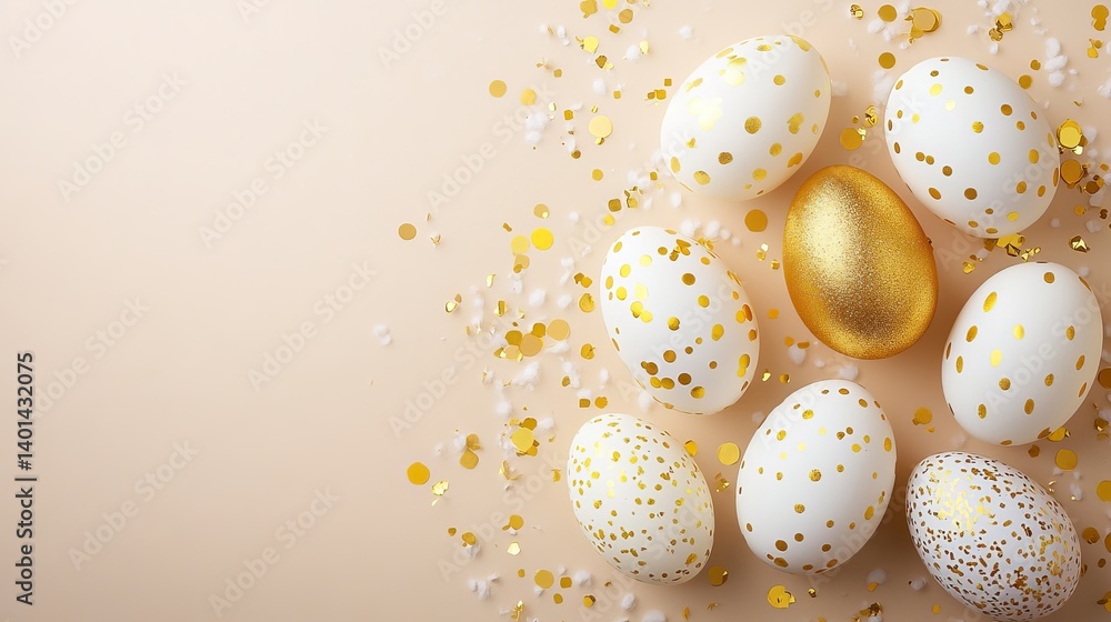 Poster easter eggs with gold dots and confetti on a beige background in a flat lay arrangement view from ab