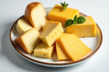 Elegant cheese plate, various cheeses, white backdrop , still life, gourmet