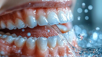 A close-up view of a smiling mouth with white teeth amidst flowing water droplets, creating a refreshing and lively appearance.