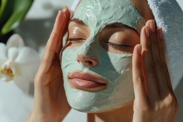 Fototapeta premium Woman applying a relaxing and rejuvenating face mask for skincare.