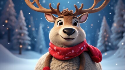 A cheerful cartoon reindeer with large, playful antlers and a bright red nose