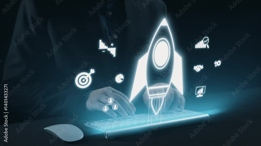 Poster a dynamic representation of technology and innovation featuring hands typing on a keyboard, accompan